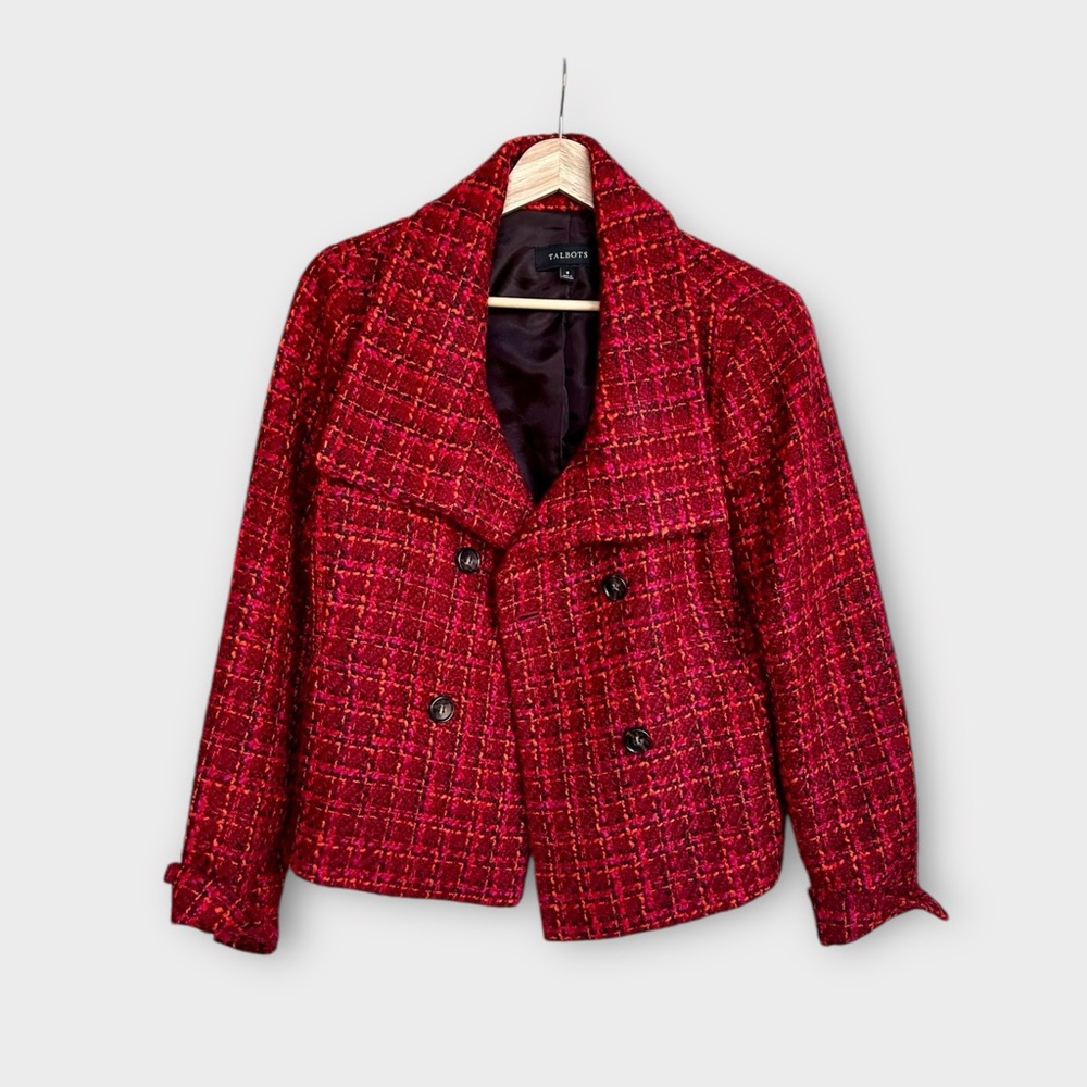 Talbots Christmas Tweed Jacket - Short Wool Blend Hot Red/Pink, size 8